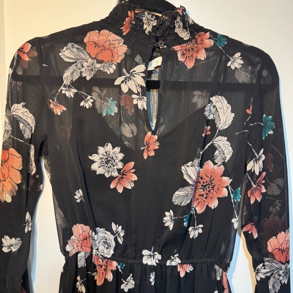 Love Fire Semi-Sheer Lined Floral Midi Dress – Black Multi, Size Small - Picture 3 of 8